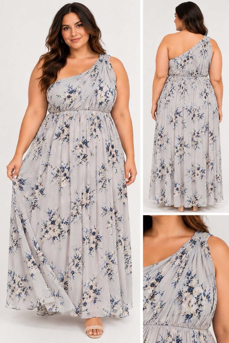 Torrid Plus Size 22 Gray Floral One Shoulder Maxi Dress Wedding Guest Chiffon